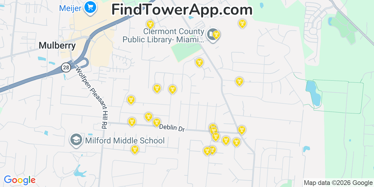Map showing the 20 primary cell tower locations detected in Mount Repose, Ohio from AT&T, Verizon, and T-Mobile networks