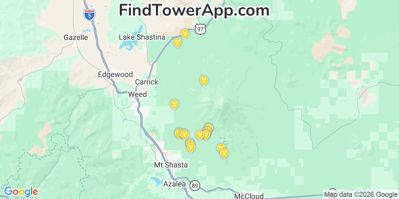 Map showing the 20 primary cell tower locations detected in Mount Shasta, California from AT&T, Verizon, and T-Mobile networks