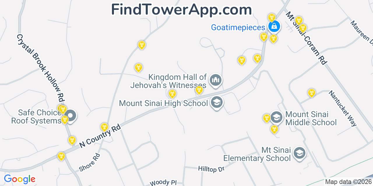 Map showing the 20 primary cell tower locations detected in Mount Sinai, New York from AT&T, Verizon, and T-Mobile networks