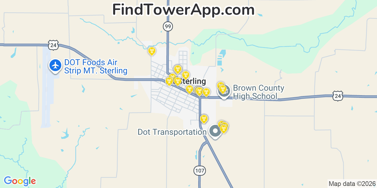 Map showing the 20 primary cell tower locations detected in Mount Sterling, Illinois from AT&T, Verizon, and T-Mobile networks
