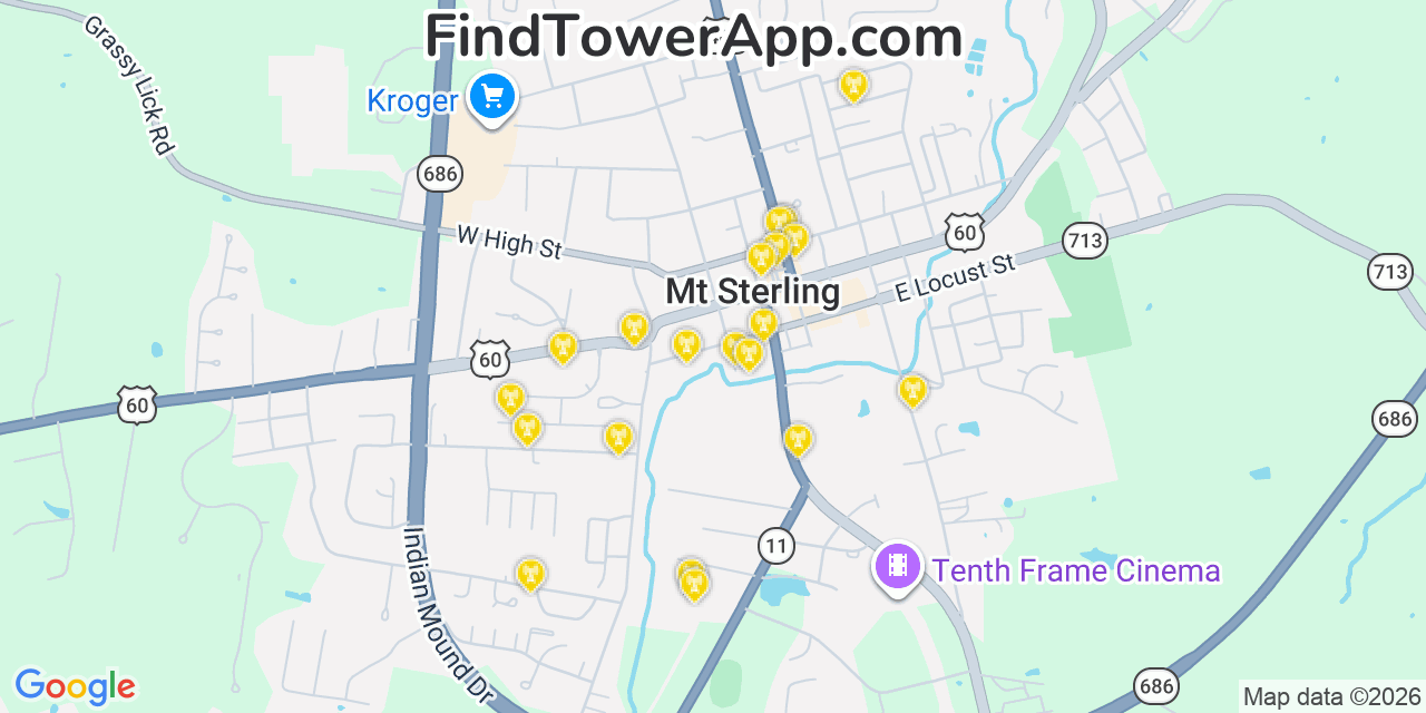 Map showing the 20 primary cell tower locations detected in Mount Sterling, Kentucky from AT&T, Verizon, and T-Mobile networks