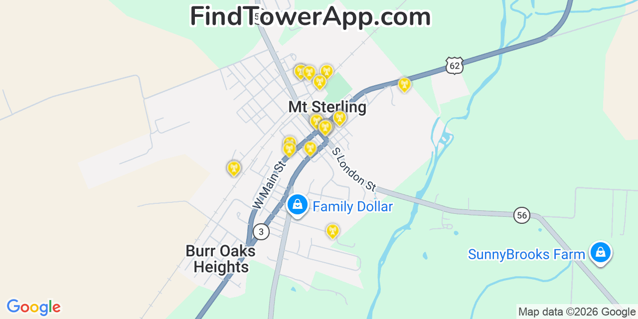 Map showing the 20 primary cell tower locations detected in Mount Sterling, Ohio from AT&T, Verizon, and T-Mobile networks