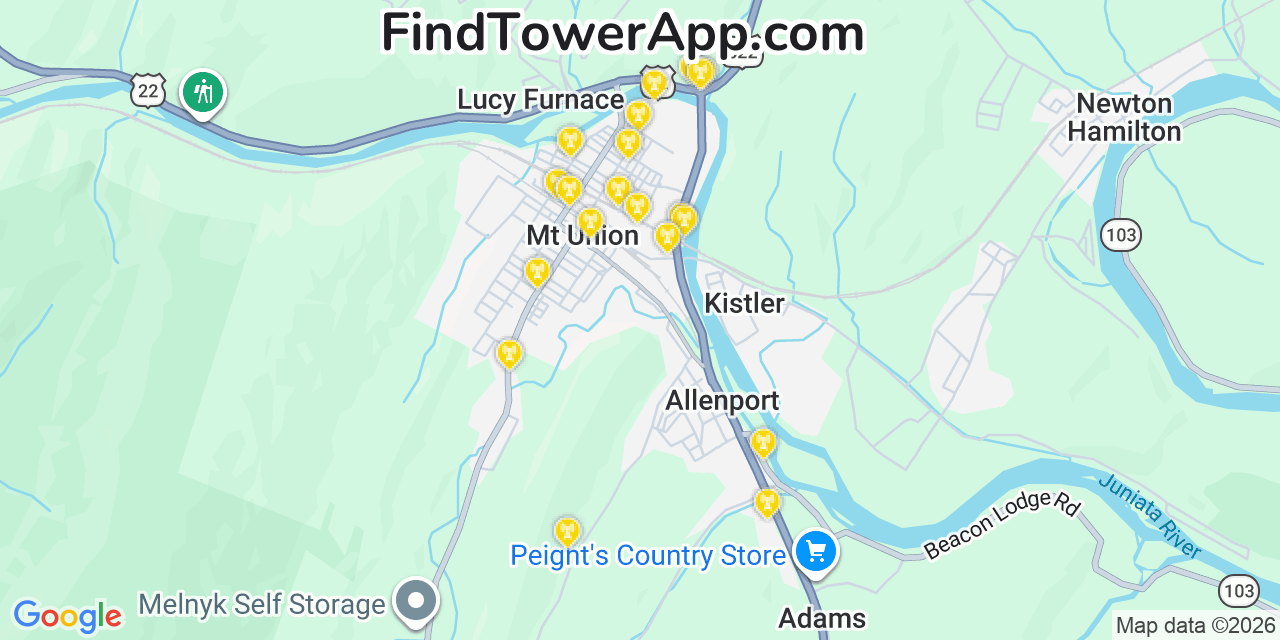 Map showing the 20 primary cell tower locations detected in Mount Union, Pennsylvania from AT&T, Verizon, and T-Mobile networks