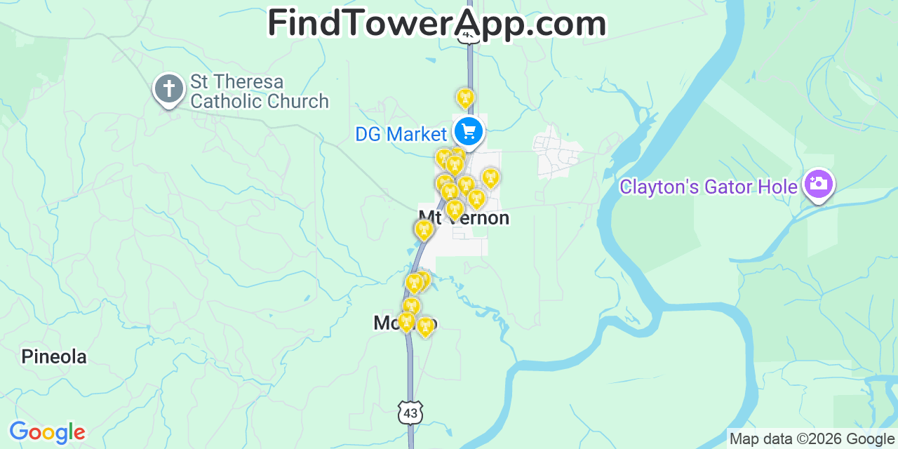 Map showing the 20 primary cell tower locations detected in Mount Vernon, Alabama from AT&T, Verizon, and T-Mobile networks