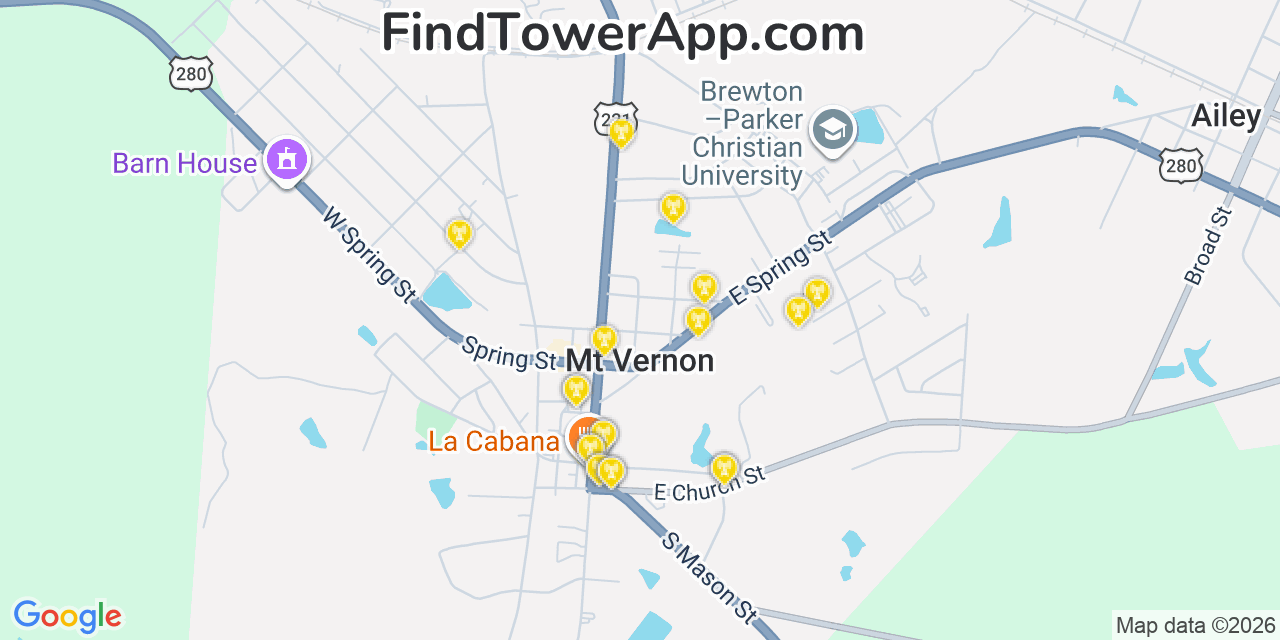 Map showing the 20 primary cell tower locations detected in Mount Vernon, Georgia from AT&T, Verizon, and T-Mobile networks