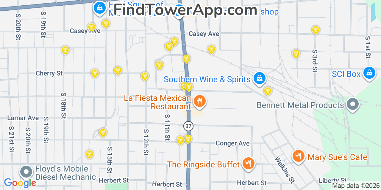 Map showing the 20 primary cell tower locations detected in Mount Vernon, Illinois from AT&T, Verizon, and T-Mobile networks