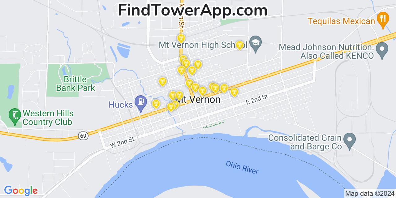 AT&T 4G/5G cell tower coverage map Mount Vernon, Indiana