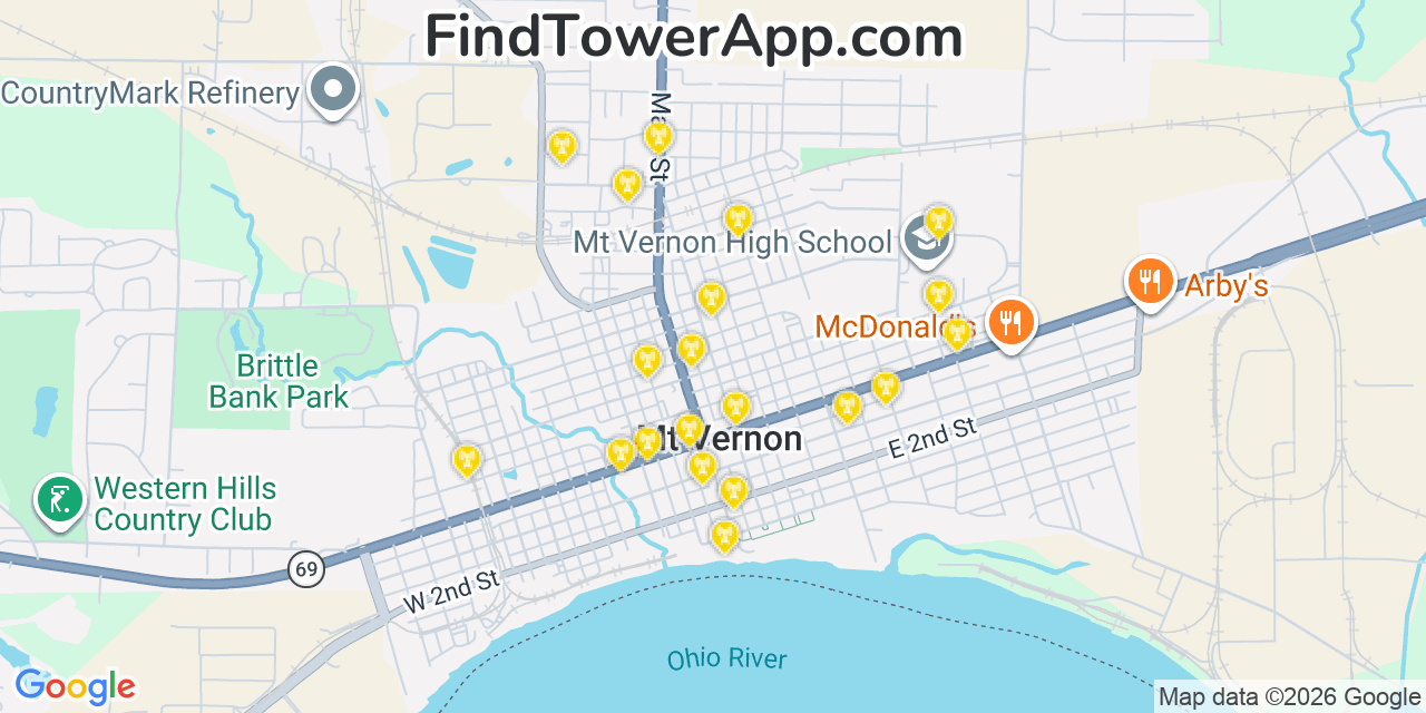 Map showing the 20 primary cell tower locations detected in Mount Vernon, Indiana from AT&T, Verizon, and T-Mobile networks