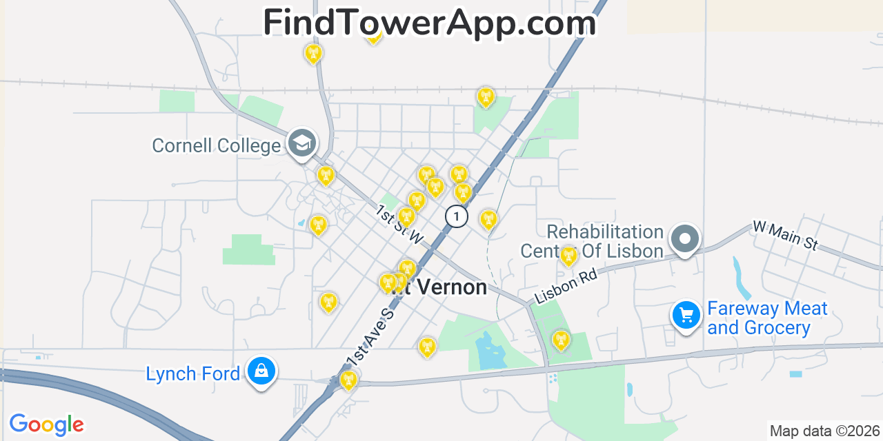 Map showing the 20 primary cell tower locations detected in Mount Vernon, Iowa from AT&T, Verizon, and T-Mobile networks