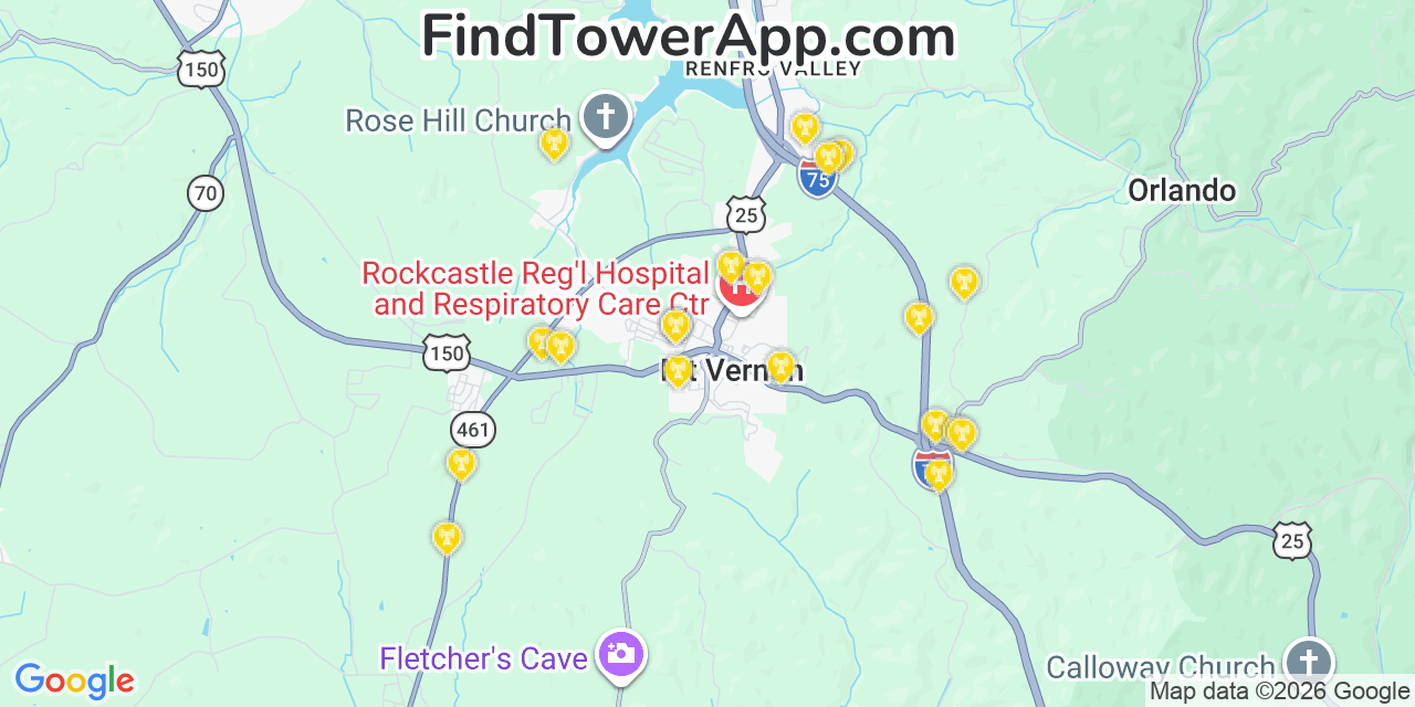 Map showing the 20 primary cell tower locations detected in Mount Vernon, Kentucky from AT&T, Verizon, and T-Mobile networks