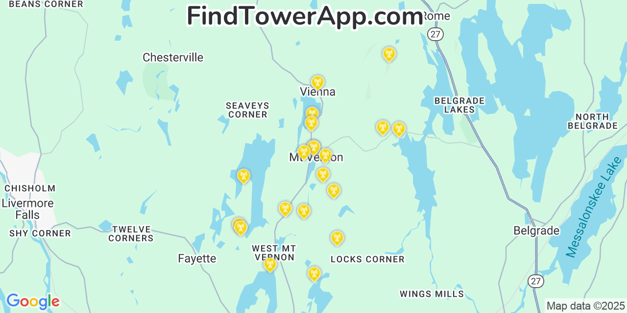 Map showing the 20 primary cell tower locations detected in Mount Vernon, Maine from AT&T, Verizon, and T-Mobile networks