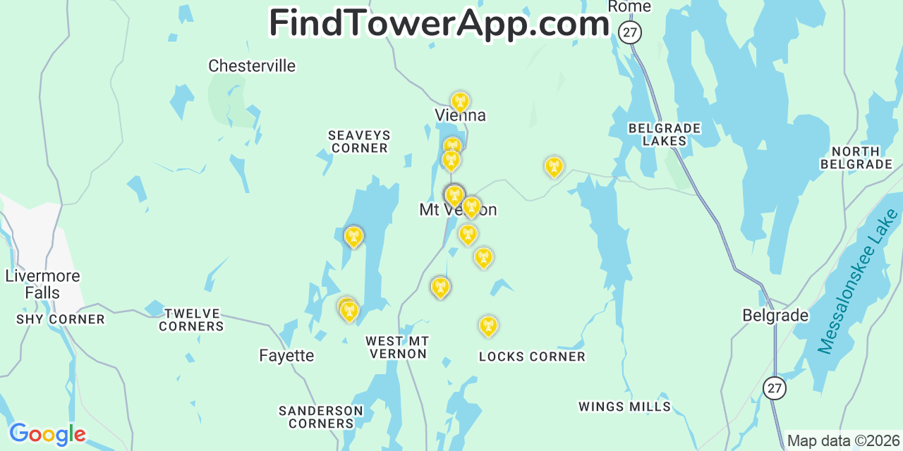 Map showing the 20 primary cell tower locations detected in Mount Vernon, Maine from AT&T, Verizon, and T-Mobile networks