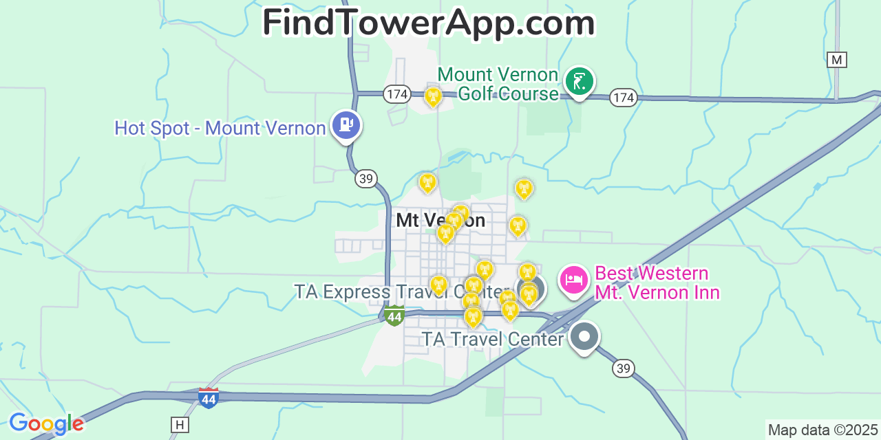 Map showing the 20 primary cell tower locations detected in Mount Vernon, Missouri from AT&T, Verizon, and T-Mobile networks