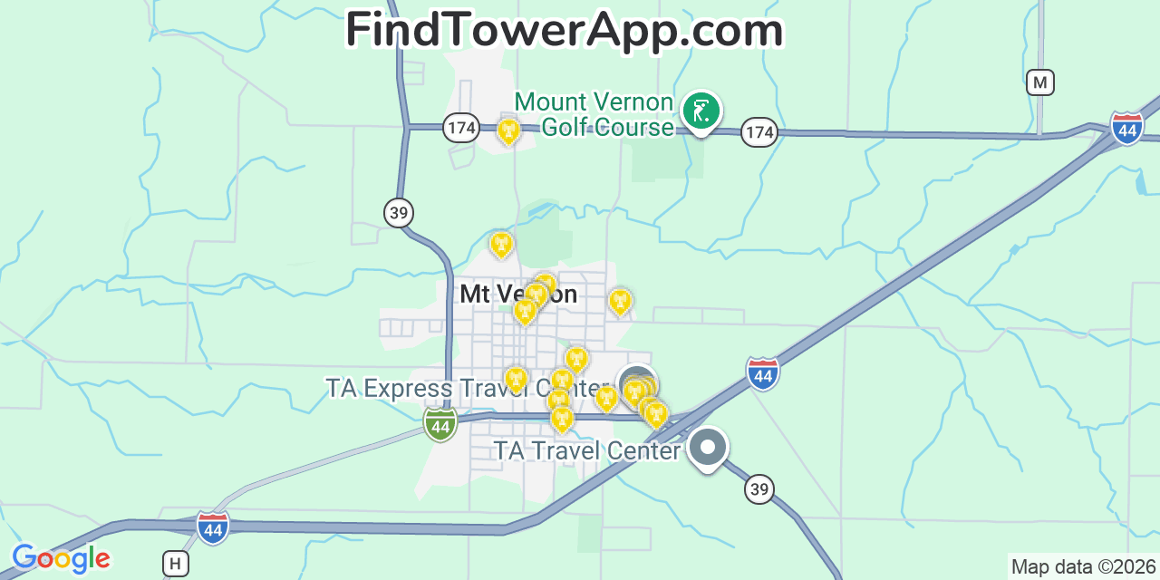 Map showing the 20 primary cell tower locations detected in Mount Vernon, Missouri from AT&T, Verizon, and T-Mobile networks