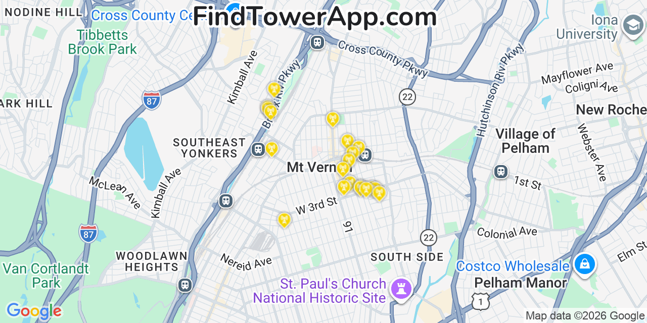 Map showing the 20 primary cell tower locations detected in Mount Vernon, New York from AT&T, Verizon, and T-Mobile networks