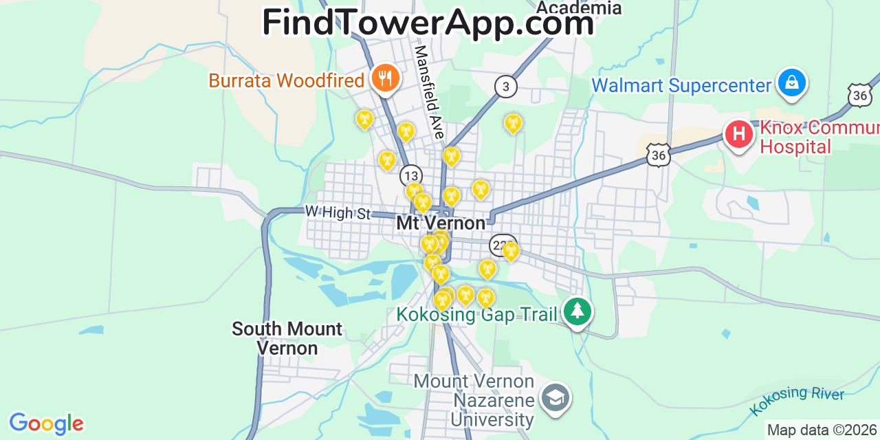Map showing the 20 primary cell tower locations detected in Mount Vernon, Ohio from AT&T, Verizon, and T-Mobile networks