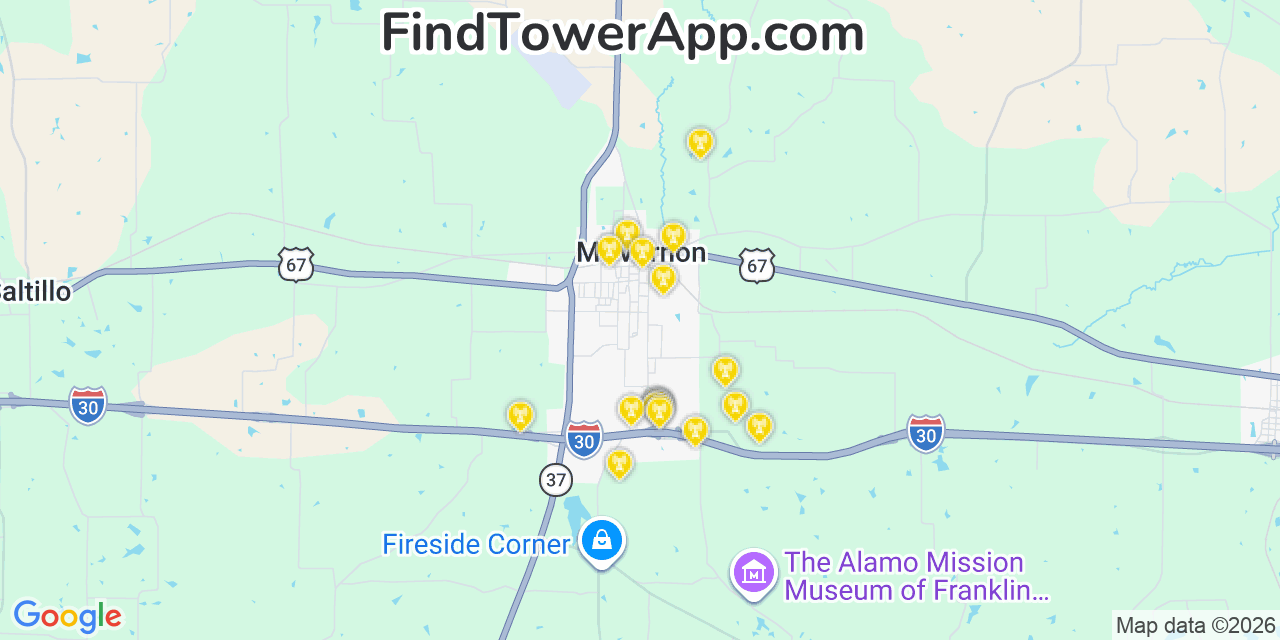 Map showing the 20 primary cell tower locations detected in Mount Vernon, Texas from AT&T, Verizon, and T-Mobile networks