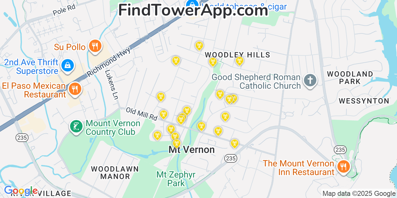 Map showing the 20 primary cell tower locations detected in Mount Vernon, Virginia from AT&T, Verizon, and T-Mobile networks