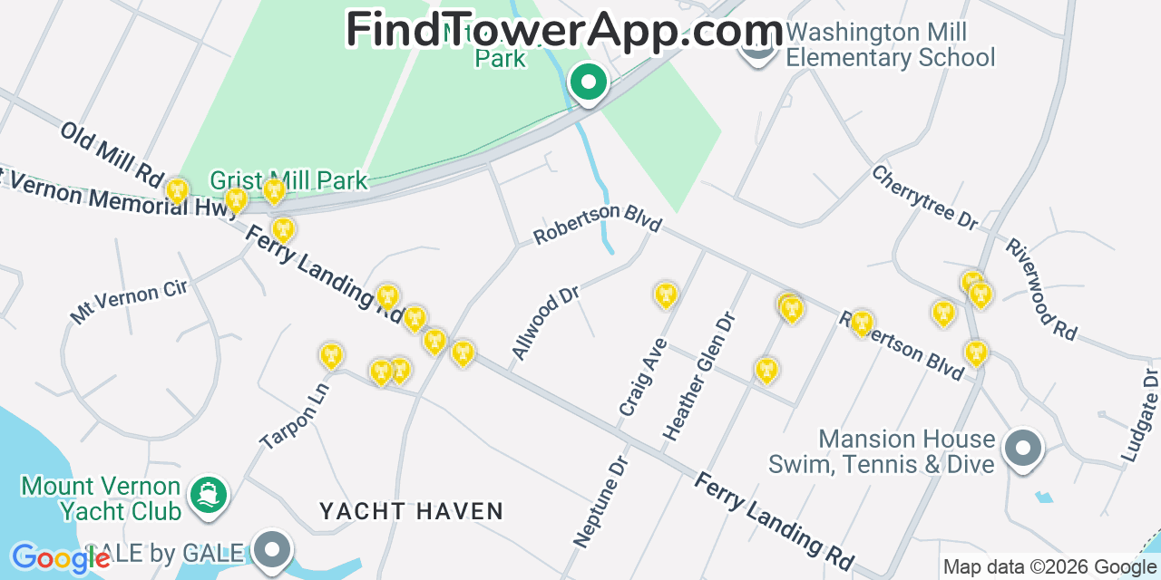 Map showing the 20 primary cell tower locations detected in Mount Vernon, Virginia from AT&T, Verizon, and T-Mobile networks