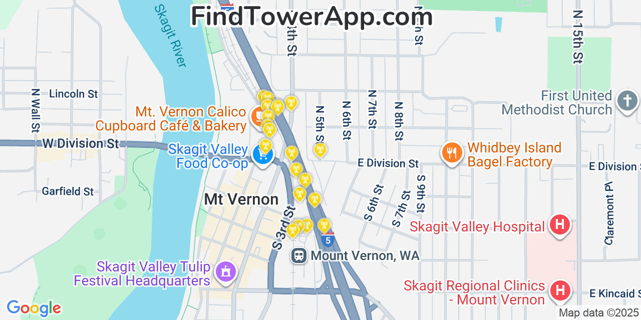Map showing the 20 primary cell tower locations detected in Mount Vernon, Washington from AT&T, Verizon, and T-Mobile networks