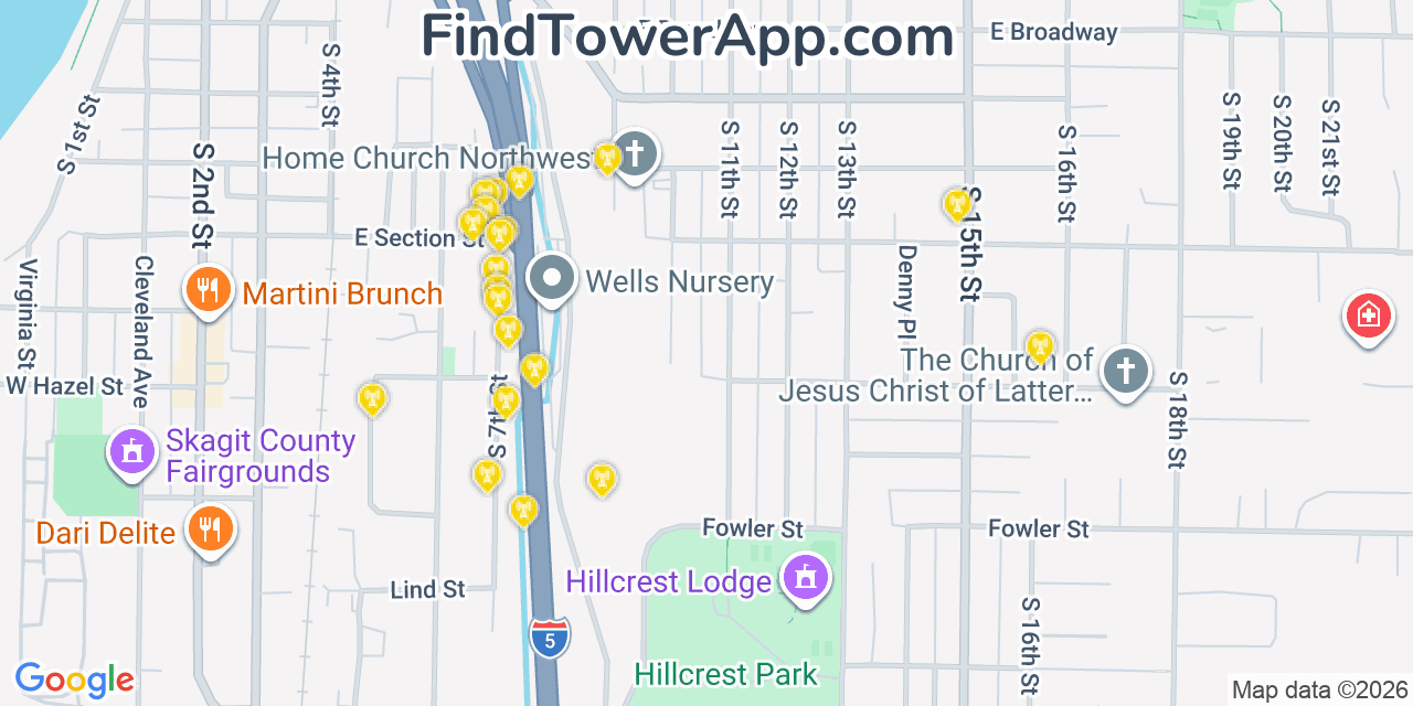 Map showing the 20 primary cell tower locations detected in Mount Vernon, Washington from AT&T, Verizon, and T-Mobile networks