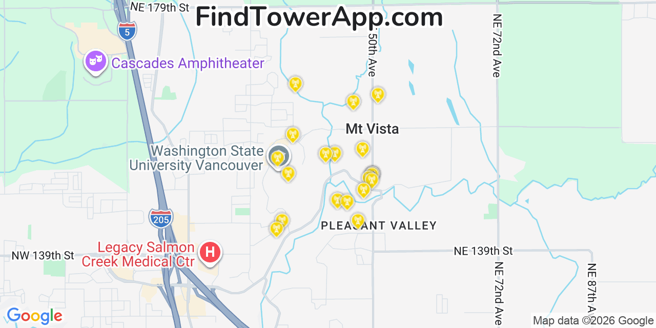 Map showing the 20 primary cell tower locations detected in Mount Vista, Washington from AT&T, Verizon, and T-Mobile networks