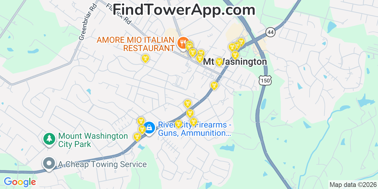 Map showing the 20 primary cell tower locations detected in Mount Washington, Kentucky from AT&T, Verizon, and T-Mobile networks