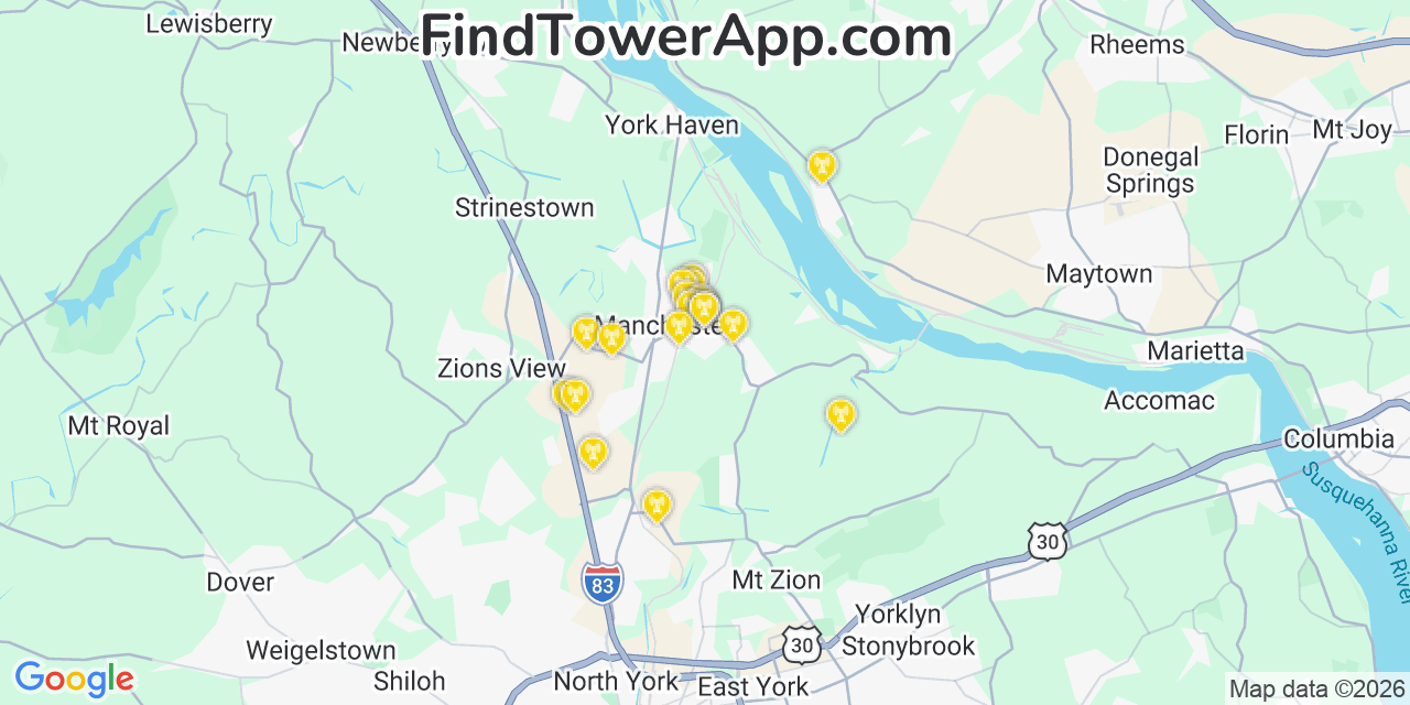 Map showing the 20 primary cell tower locations detected in Mount Wolf, Pennsylvania from AT&T, Verizon, and T-Mobile networks