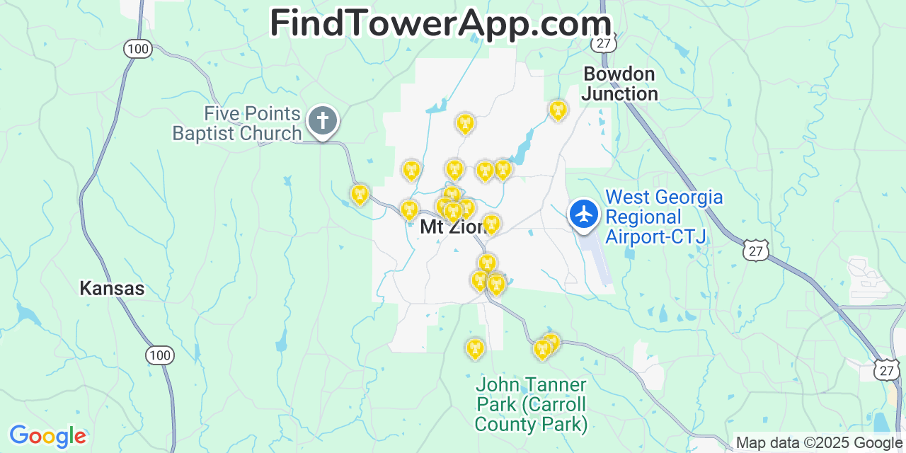 Map showing the 20 primary cell tower locations detected in Mount Zion, Georgia from AT&T, Verizon, and T-Mobile networks