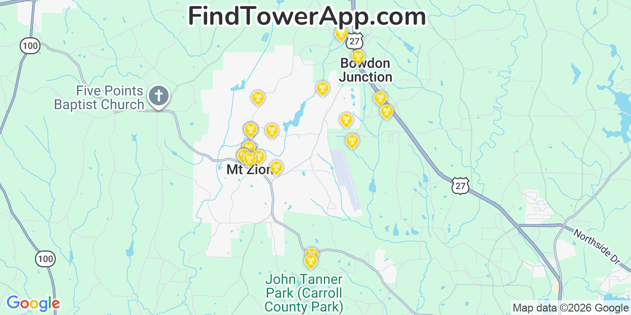 Map showing the 20 primary cell tower locations detected in Mount Zion, Georgia from AT&T, Verizon, and T-Mobile networks