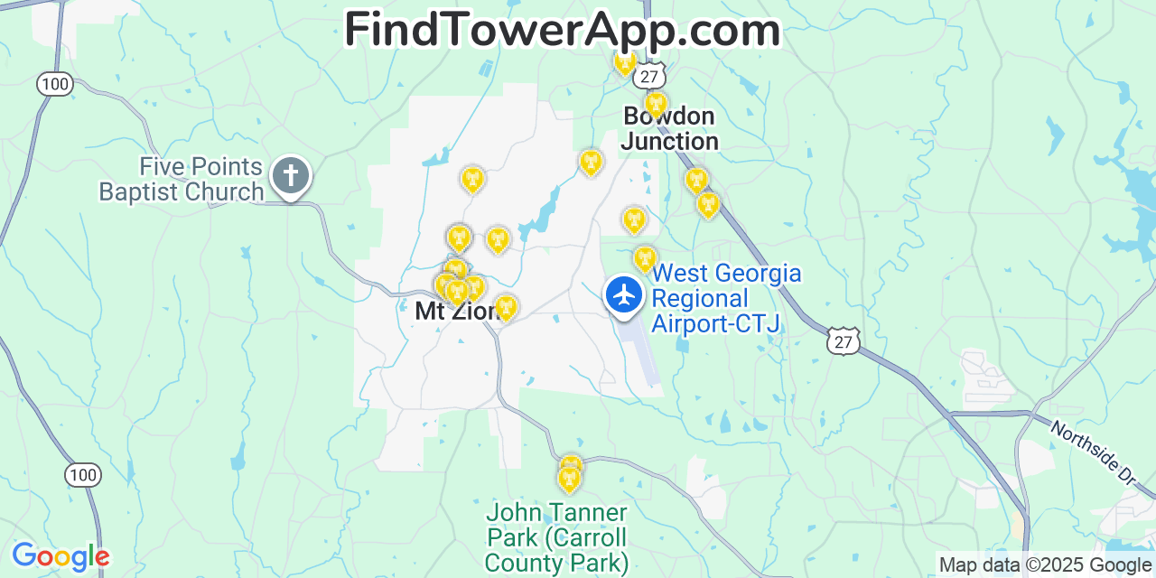 Map showing the 20 primary Mobitel cell tower locations detected in Mount Zion, Georgia with coverage radius and signal strength indicators