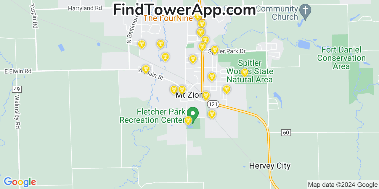 AT&T 4G/5G cell tower coverage map Mount Zion, Illinois