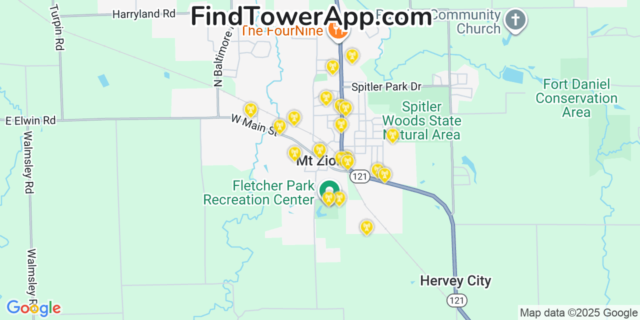 Map showing the 20 primary cell tower locations detected in Mount Zion, Illinois from AT&T, Verizon, and T-Mobile networks