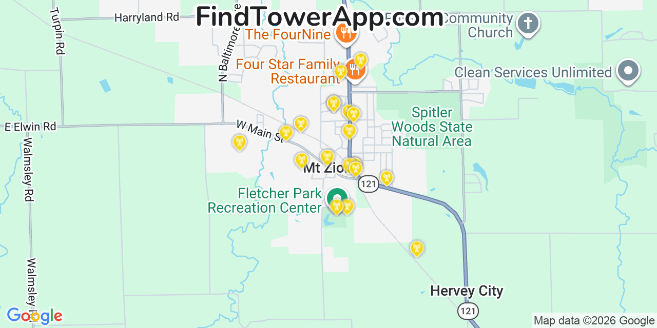 Map showing the 20 primary cell tower locations detected in Mount Zion, Illinois from AT&T, Verizon, and T-Mobile networks