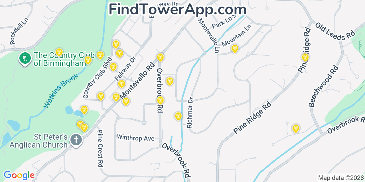 Map showing the 20 primary cell tower locations detected in Mountain Brook, Alabama from AT&T, Verizon, and T-Mobile networks