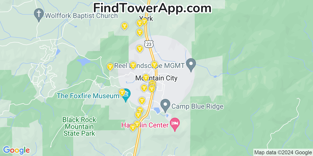 AT&T 4G/5G cell tower coverage map Mountain City, Georgia