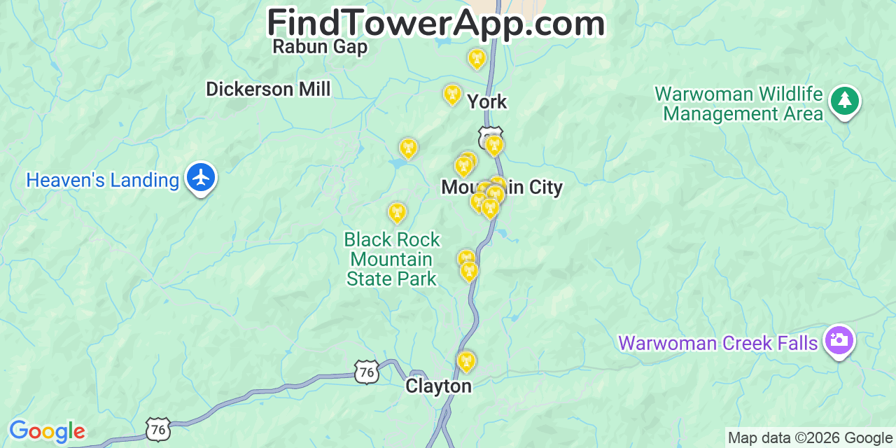 Map showing the 20 primary cell tower locations detected in Mountain City, Georgia from AT&T, Verizon, and T-Mobile networks