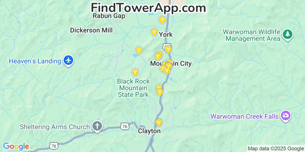 Map showing the 20 primary Mobitel cell tower locations detected in Mountain City, Georgia with coverage radius and signal strength indicators