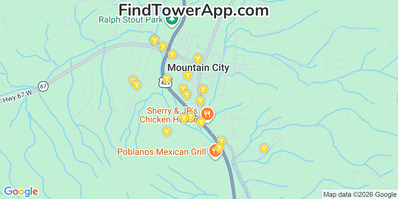 Map showing the 20 primary cell tower locations detected in Mountain City, Tennessee from AT&T, Verizon, and T-Mobile networks