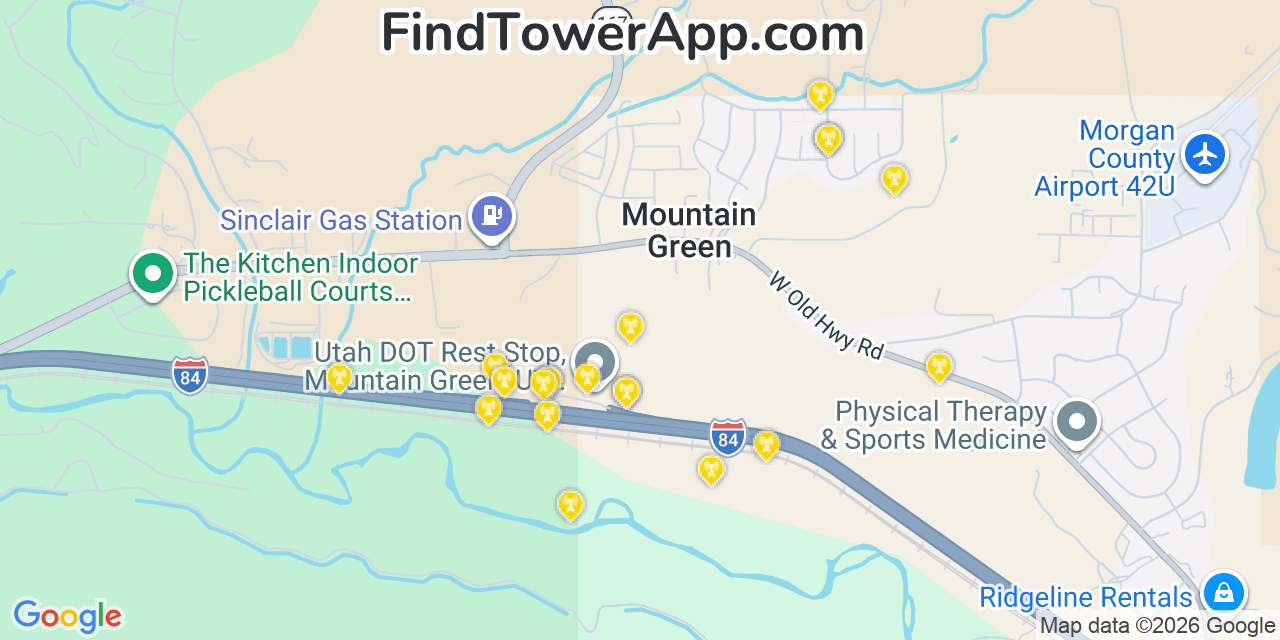 Map showing the 20 primary cell tower locations detected in Mountain Green, Utah from AT&T, Verizon, and T-Mobile networks