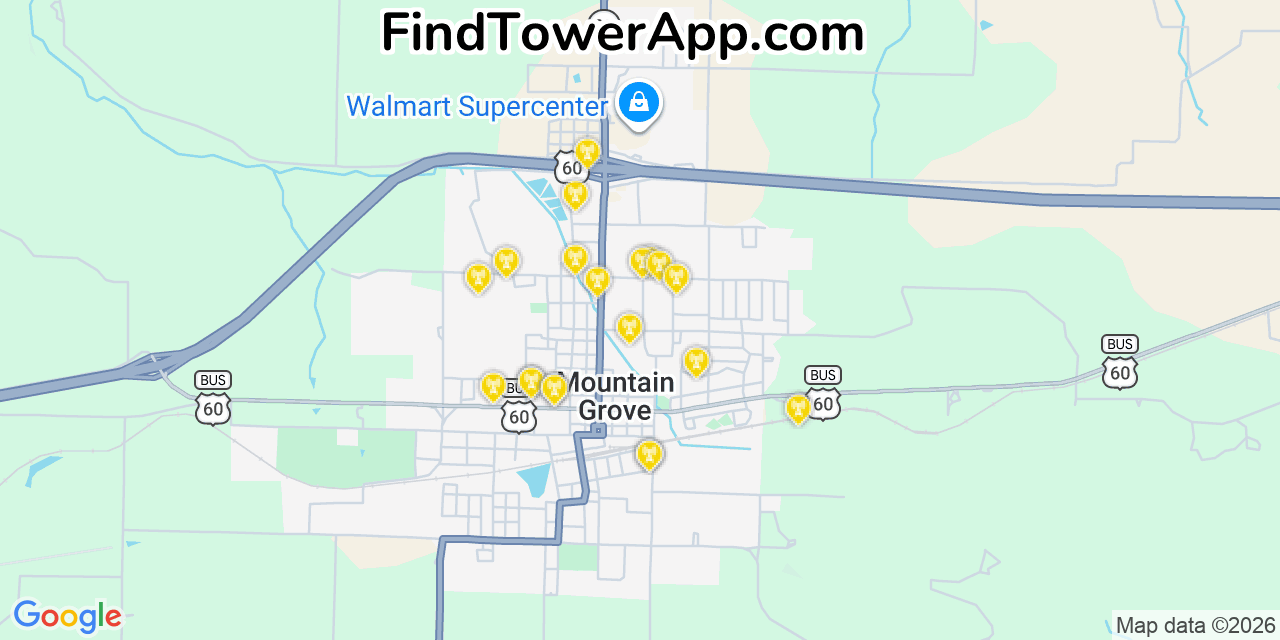 Map showing the 20 primary cell tower locations detected in Mountain Grove, Missouri from AT&T, Verizon, and T-Mobile networks