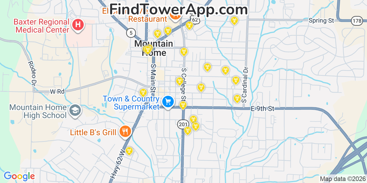 Map showing the 20 primary cell tower locations detected in Mountain Home, Arkansas from AT&T, Verizon, and T-Mobile networks