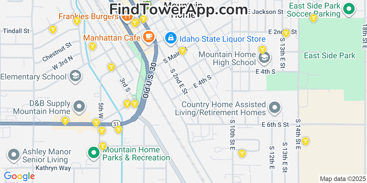 Map showing the 20 primary cell tower locations detected in Mountain Home, Idaho from AT&T, Verizon, and T-Mobile networks