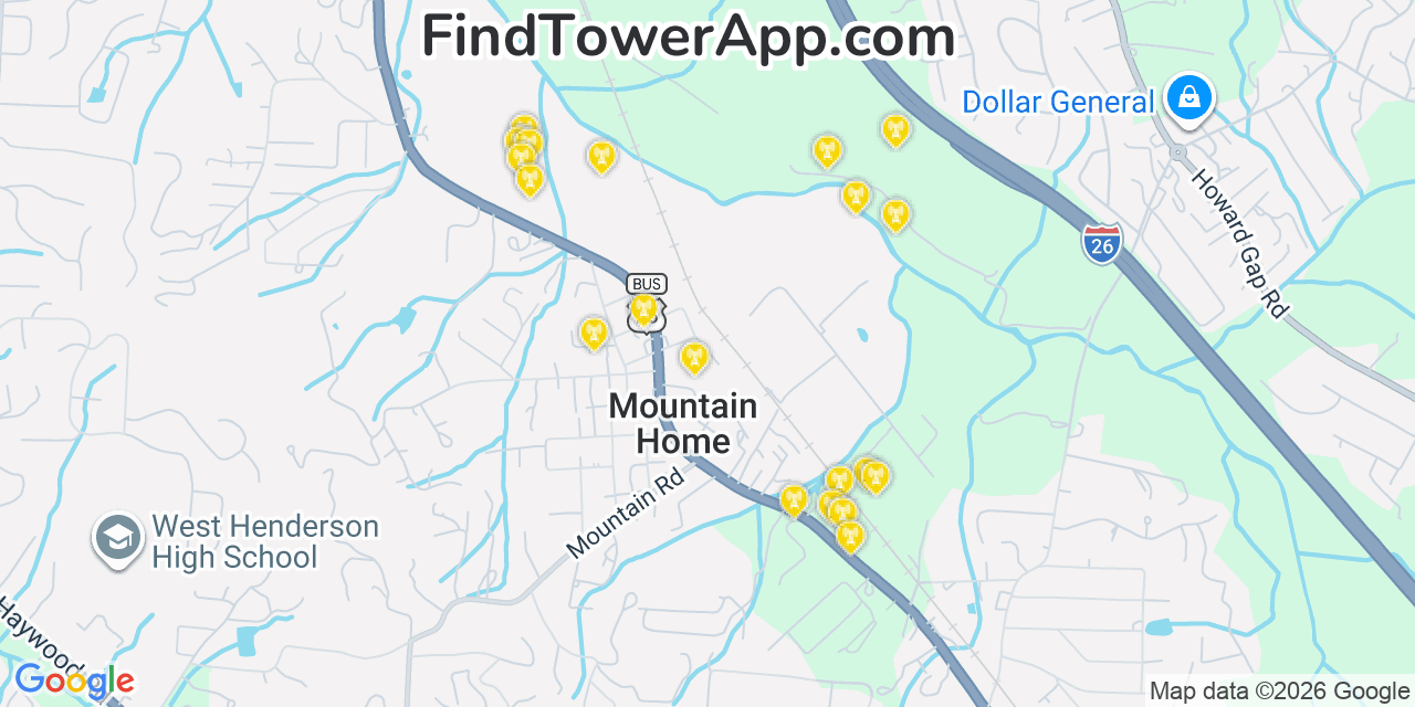 Map showing the 20 primary cell tower locations detected in Mountain Home, North Carolina from AT&T, Verizon, and T-Mobile networks