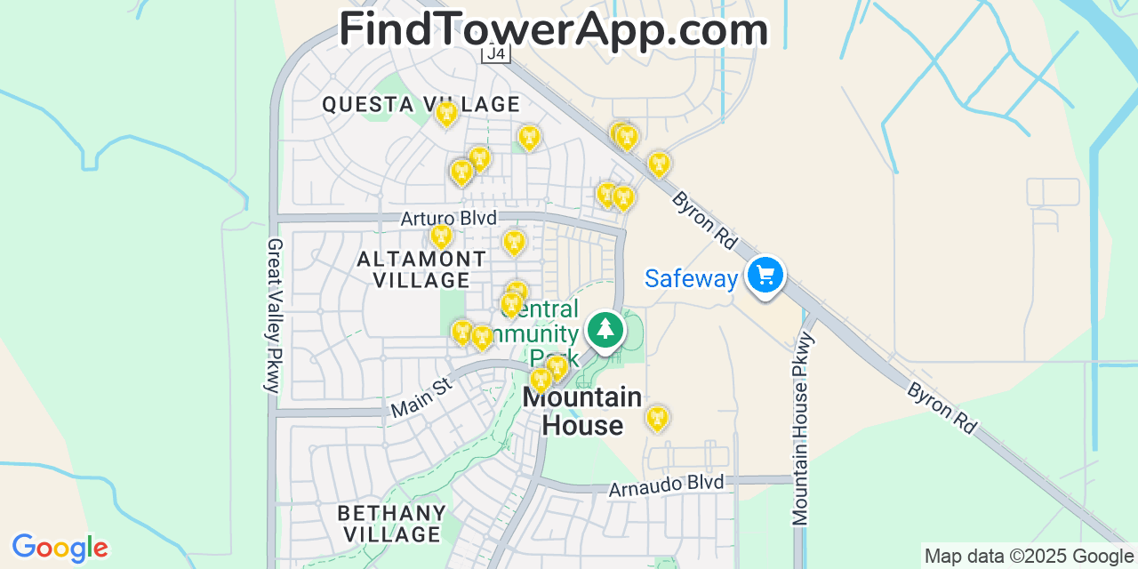 Map showing the 20 primary cell tower locations detected in Mountain House, California from AT&T, Verizon, and T-Mobile networks