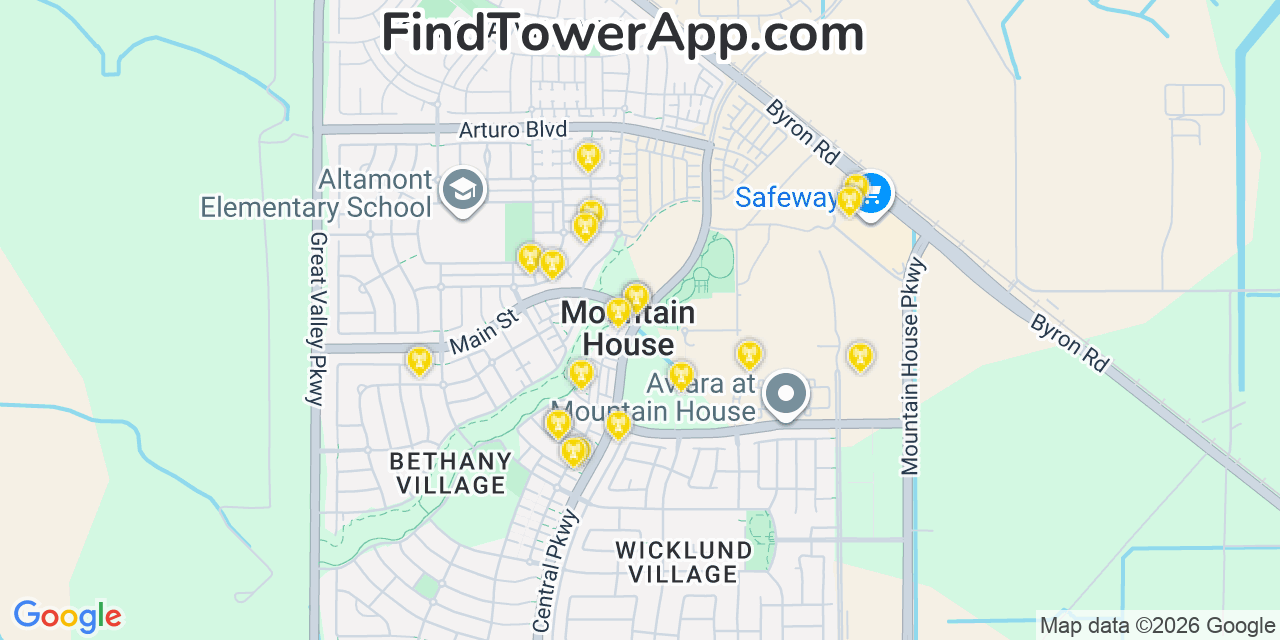 Map showing the 20 primary cell tower locations detected in Mountain House, California from AT&T, Verizon, and T-Mobile networks