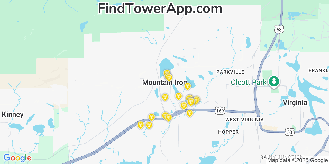 Map showing the 20 primary cell tower locations detected in Mountain Iron, Minnesota from AT&T, Verizon, and T-Mobile networks