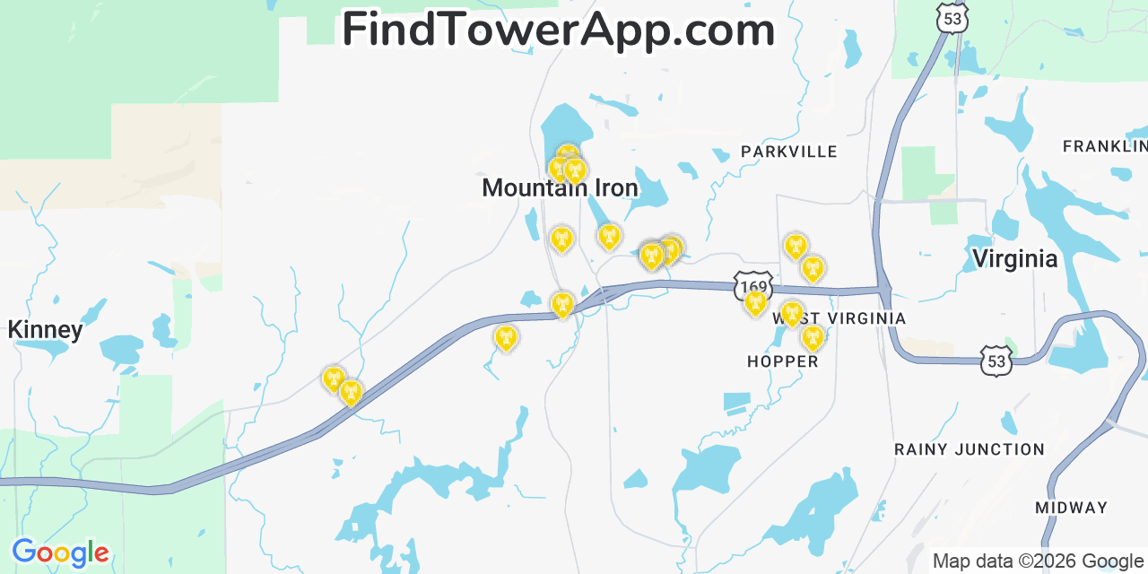 Map showing the 20 primary cell tower locations detected in Mountain Iron, Minnesota from AT&T, Verizon, and T-Mobile networks