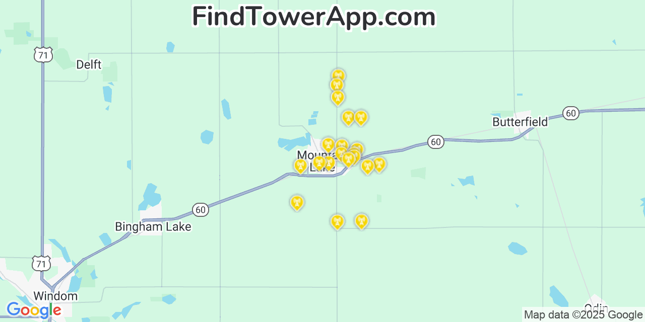 Map showing the 20 primary cell tower locations detected in Mountain Lake, Minnesota from AT&T, Verizon, and T-Mobile networks