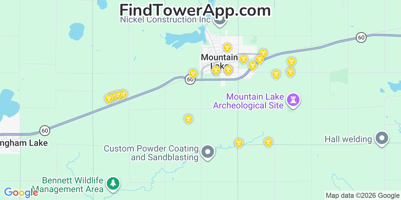 Map showing the 20 primary cell tower locations detected in Mountain Lake, Minnesota from AT&T, Verizon, and T-Mobile networks